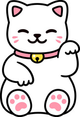Cute cartoon white Maneki Neko, Japanese lucky cat. Kawaii sitting kitty drawing. Isolated vector illustration.