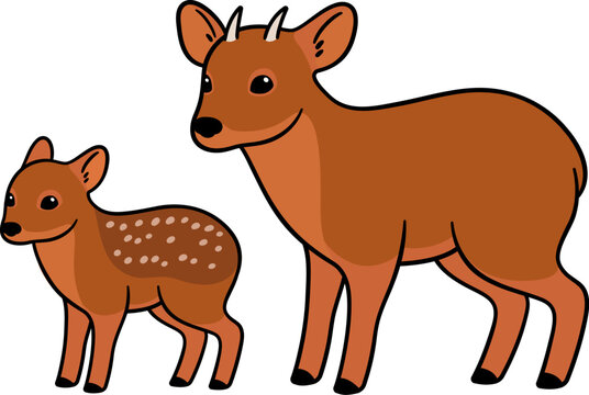 Adult and baby Pudu, small South American deer. Cute cartoon drawing, vector illustration.