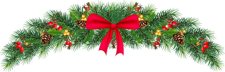 Festive green garland of pine, red berries, mistletoe, holly and pine cones. Decorated with trinkets. Transparent, png.