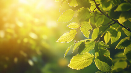 Obraz premium Sunlight filters through green leaves in a serene forest setting during early morning hours