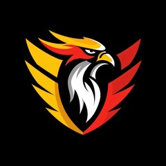 Fototapeta premium Fiery eagle head logo design in a shield shape, with red and yellow flames.