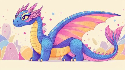 Obraz premium Mystical Beast. Colorful blue dragon with pink wings standing fantasy