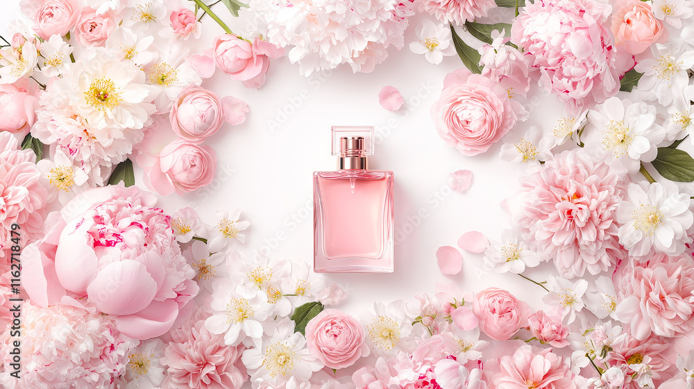 Poster a delicate pink perfume bottle is centrally placed amidst a variety of soft pink flowers, creating a