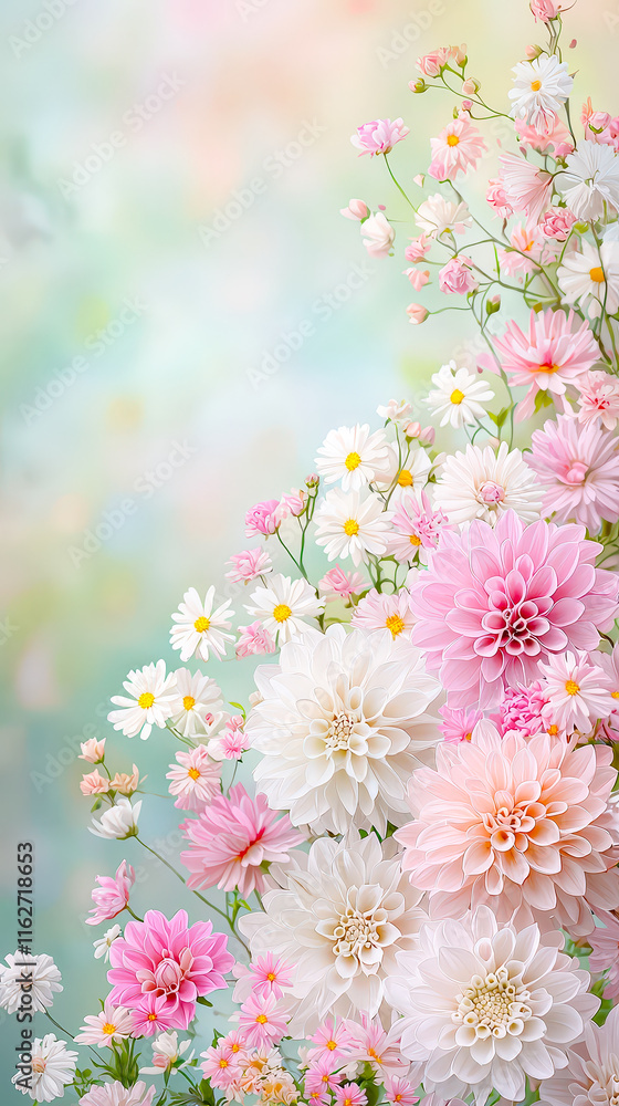 Poster beautiful flowers bloom in shades of pink and white, creating a lively display against a gentle, pas