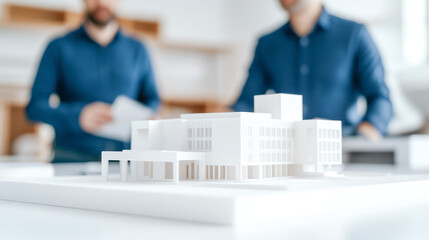 Diverse team of engineers reviewing architectural model in office