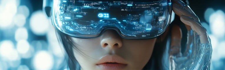 Woman exploring Christmas with VR and holograms