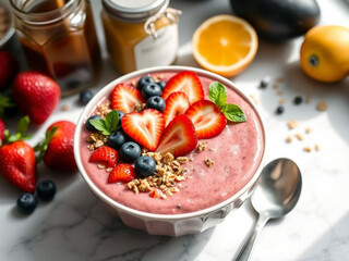 bowl of vibrant smoothie topped with granola, fresh strawberries, blueberries, and chia seeds