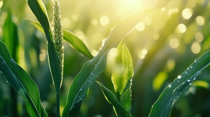 Fototapeta premium Morning Light on Dewy Green Leaves