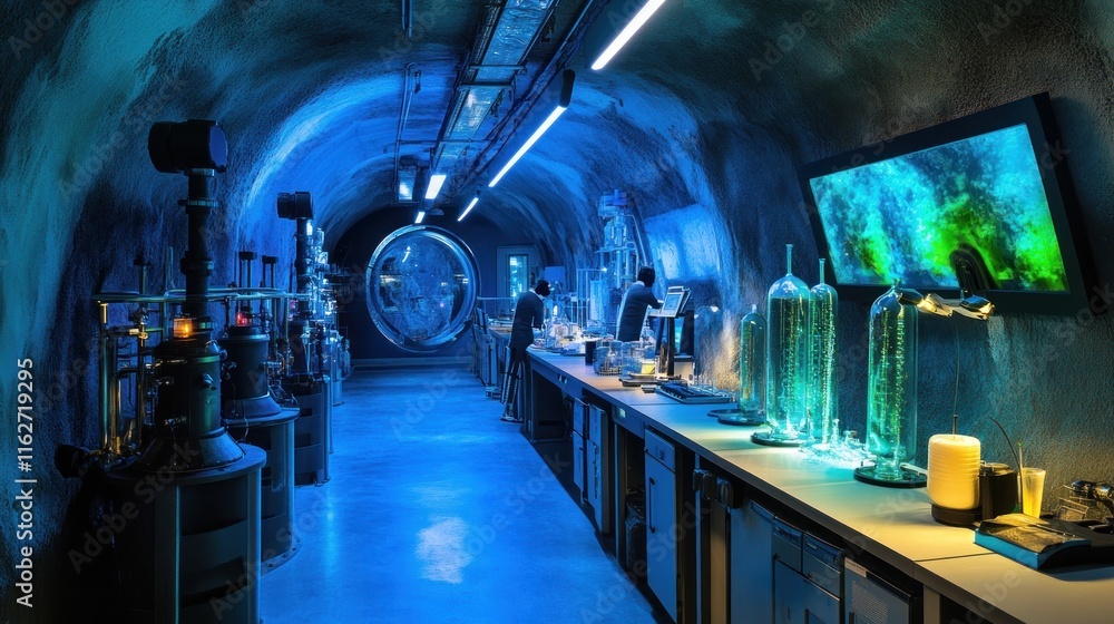 Aufkleber A futuristic laboratory with glowing containers and advanced equipment in a tunnel-like space.