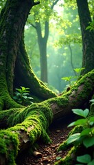 Broken tree branches with green moss and ferns, woodland, trees