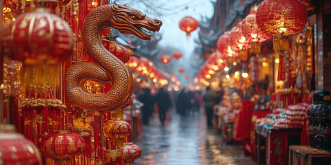 A wooden snake zodiac banner is the centerpiece of a bustling Chinese New Year street market. Traditional red and gold decorations and festive music fill the air with joy and unity.