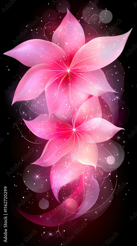 Poster Delicate pink flowers bloom with soft gradients and sparkling effects, creating a mesmerizing composition on a dark backdrop
