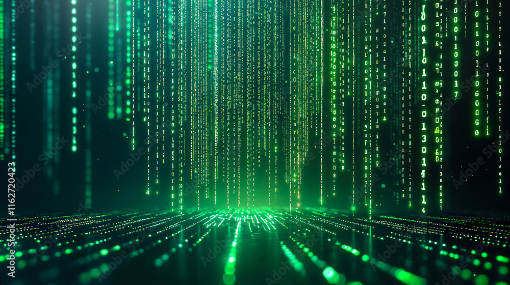 Leinwandbilder Streams of green binary code cascade downwards, creating a visually captivating representation of a digital universe