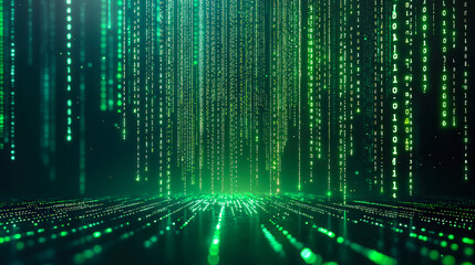 Streams of green binary code cascade downwards, creating a visually captivating representation of a digital universe