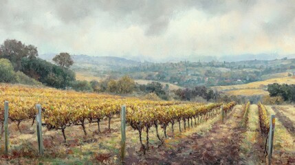 Fototapeta premium Overcast Vineyard Landscape with Detailed Textures