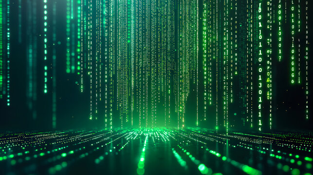 Streams of green binary code cascade downwards, creating a visually captivating representation of a digital universe
