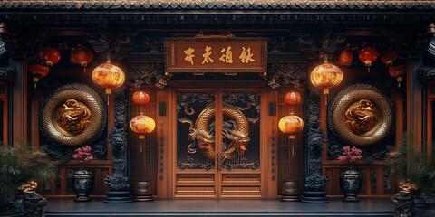 Obraz premium An ornate wooden snake zodiac gate welcomes visitors to a Chinese New Year celebration. Lanterns and traditional art adorn the entrance, symbolizing unity, luck, and prosperity.