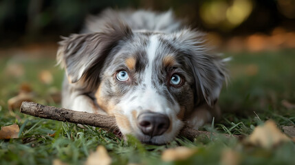 Blue-Eyed Australian Shepherd Resting on Grass with Stick