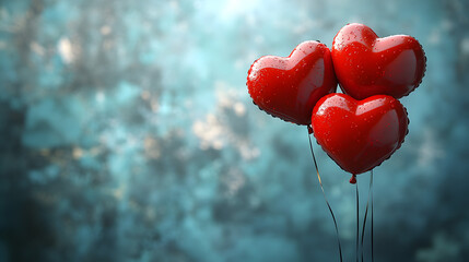 Obraz premium Trio of Red Heart Balloons with Water Droplets Against a Soft Blue Textured Background