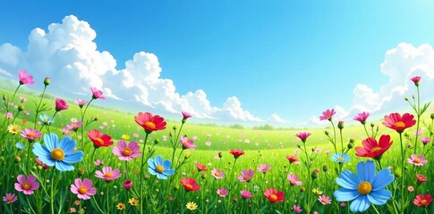 Field of Myosotis flowers against a bright blue sky, wildflowers, nature
