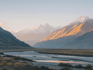 Serene Mountain Range with Flowing River and Soft Sunlight