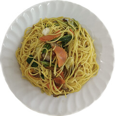Vegetarian Stir-fried Noodles in white plate Isolated on white background