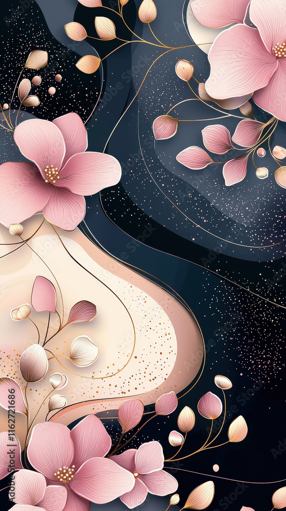 Aufkleber Soft pink blossoms intertwine with delicate branches against a deep background, creating a harmonious and artistic floral composition