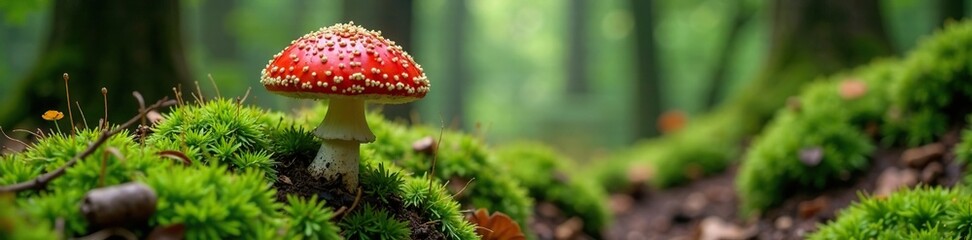 Fly agaric parts spread on mossy forest floor with roots, , woodland