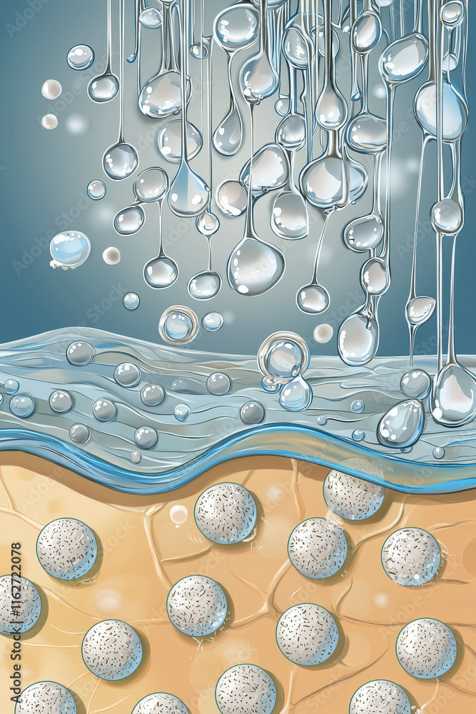 Poster droplets of water cascade over a textured skin surface, creating an appealing visual display of inte