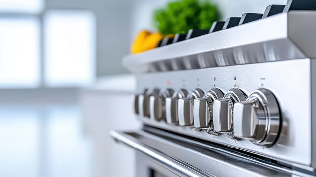 Close up of modern kitchen stove with stainless steel knobs and controls, showcasing sleek design and functionality