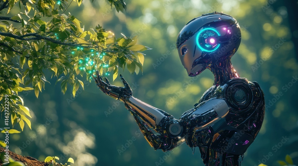 Poster a futuristic robot interacts with glowing plants in a lush forest setting.