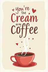 Coffee cup with steam and hearts, hand-drawn style on a soft beige background, conveying love and affection. Valentine's Day Card