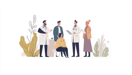 Naklejka premium A group of happy doctors discussing a patient's treatment plan, a flat vector illustration with a white background and a minimalistic style.