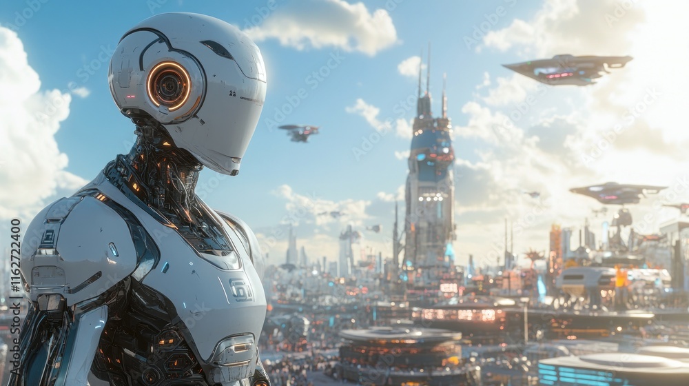 Poster a futuristic robot stands in a high-tech cityscape with flying vehicles and advanced architecture.