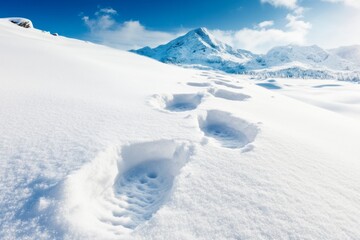 Obraz premium A single pair of footprints on a white, snow-covered field stretching endlessly into the horizon