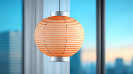 Modern orange pendant lamp hanging in bright office space with city view