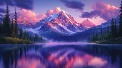 Obraz premium Majestic mountain reflecting in serene lake at sunrise.