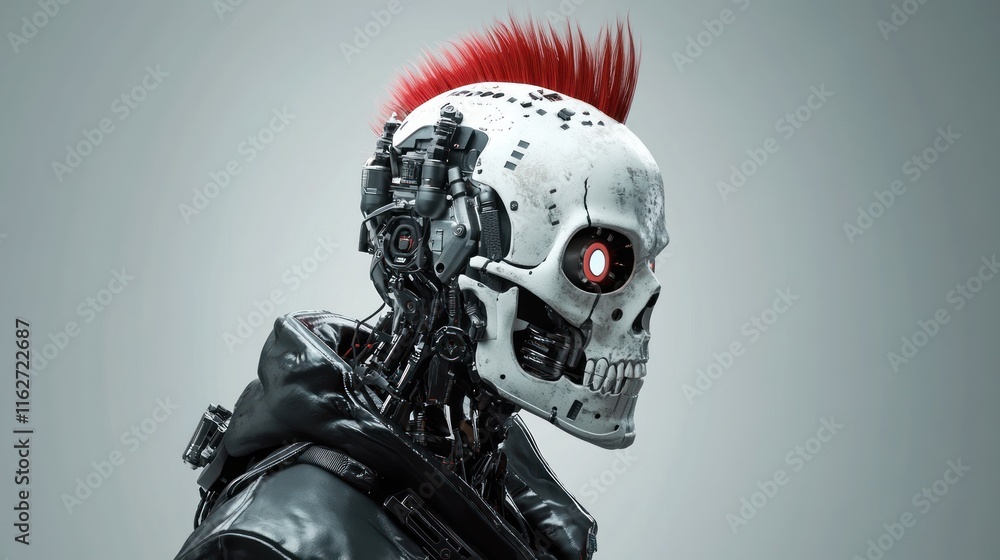 Poster A futuristic robot with a skull-like face and red mohawk, blending technology and punk aesthetics.