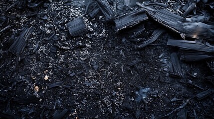 Smoldering wood creates textured black ash surface