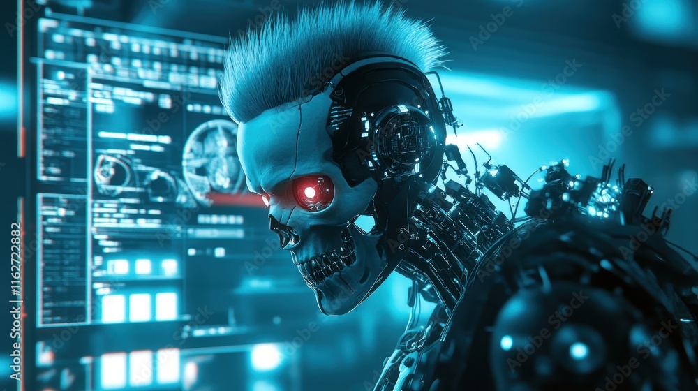 Poster A futuristic robotic figure with a skull-like face and glowing red eyes, set against a digital backdrop.