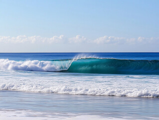 Clear Ocean Wave Crashing on Beach with Blue Sky