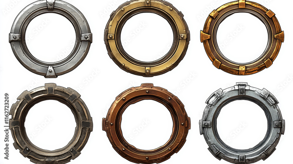 Poster golden, silver, bronze, copper and rusty metal avatar frames, vector game assets. rusty metal circle