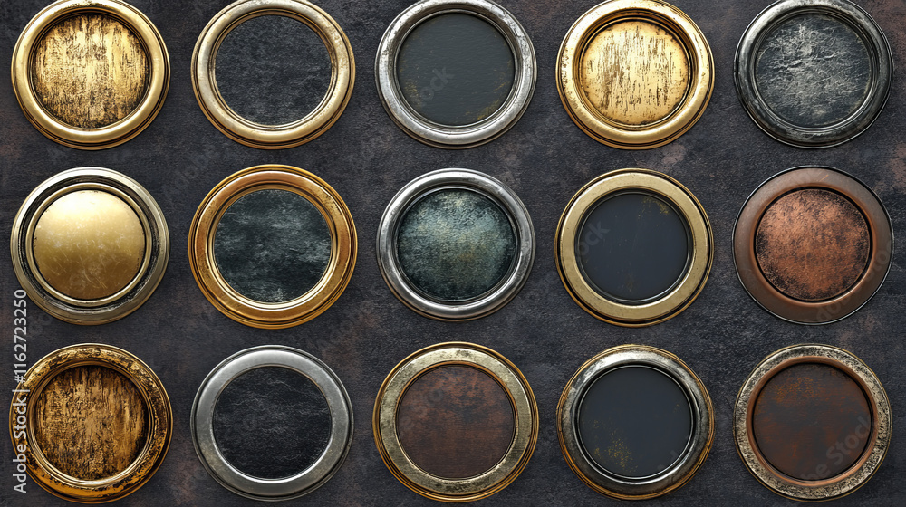 Poster golden, silver, bronze, copper and rusty metal avatar frames, vector game assets. rusty metal circle
