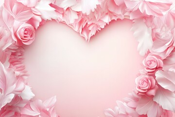 Obraz premium Romantic Heart Frame with Pink Roses and Petals for Valentine's Day Celebration or Love-Related Events in Soft Pastel Colors