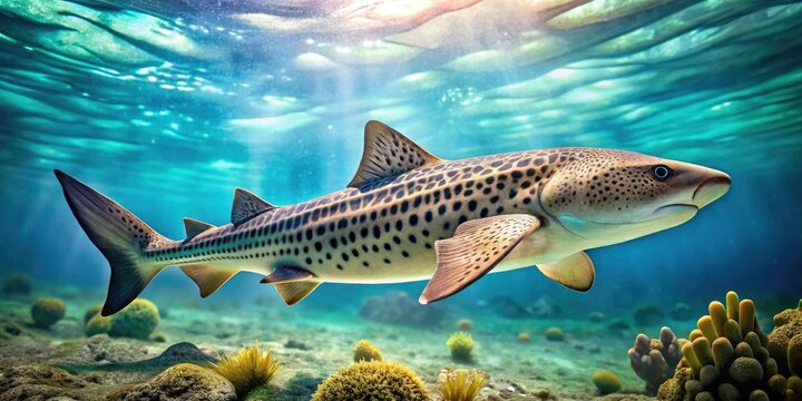 Close-Up Profile of a Zebra Shark Underwater - Vintage Style Photography of Stegostoma Fasciatum with Marine Background, Perfect for Ocean Life and Wildlife Enthusiasts
