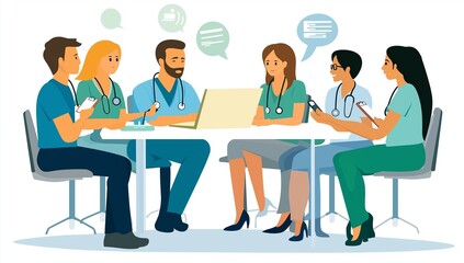 
A group of medical professionals gathered around an open laptop, discussing patient data and health information in a flat vector style illustration with a white background.