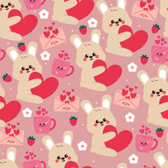 seamless pattern cute cartoon bunny with big pink heart. cute animal drawing for valentine wallpaper, pattern, background