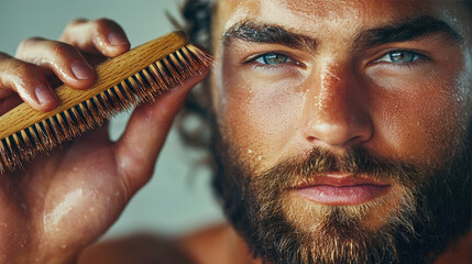 A man is carefully grooming his thick beard with a wooden brush, showcasing a relaxed moment filled with self-care