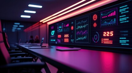 Fototapeta premium High-Tech Conference Room with Modern Equipment and Professional Atmosphere, Featuring Advanced Data Displays and Innovative Technology for Collaboration