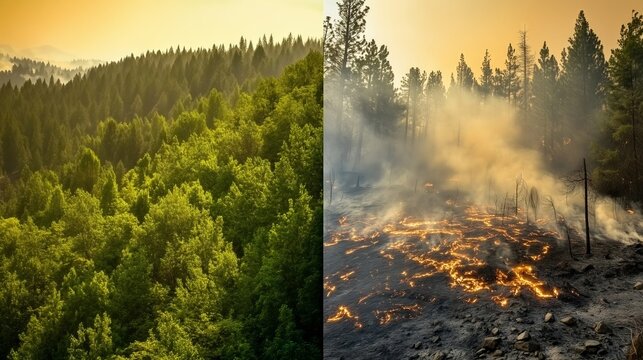 Healthy green forest burning in wildfire showing climate change impact
